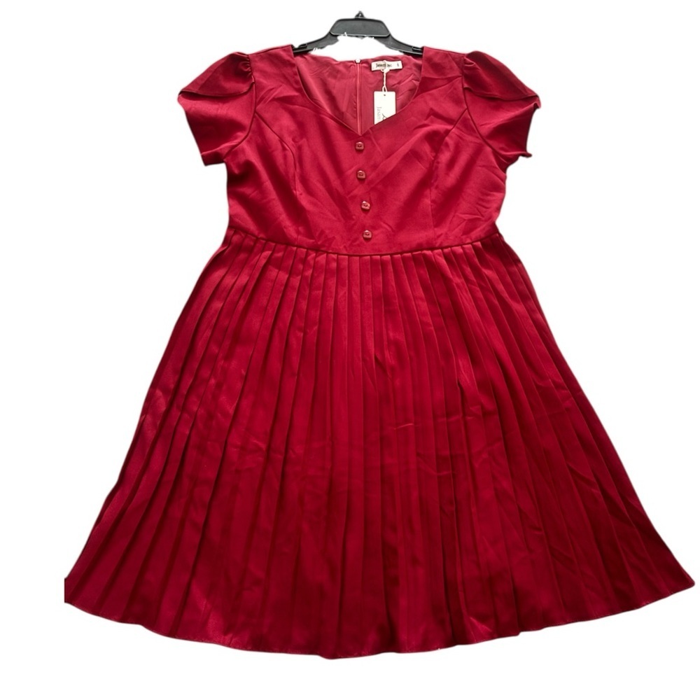 Burgundy Red Pleated Midi Dress Flutter Sleeves - Picture 4 of 11